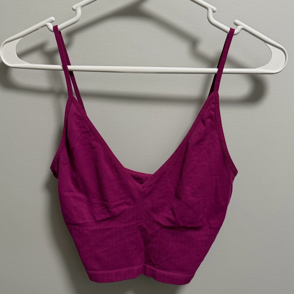 Free People Magenta Ribbed V-Neck Cropped Brami Tank Top